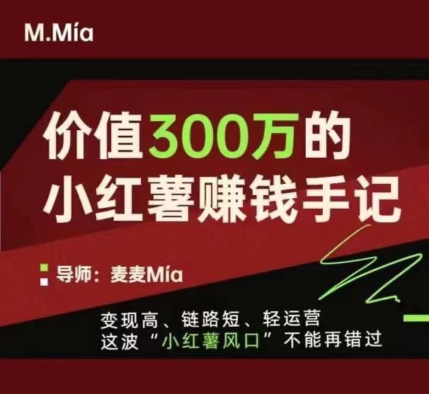 价值300万的小红书赚钱手记 变现高、链路短、轻运营 这波“小红薯风口”不能再错过。 限时39.9